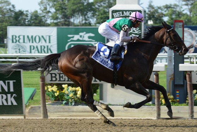 In this image provided by the New York Racing Association, Close Hatches, ridden by Joel Rosario, captures The Mother Goose stakes horse race at Belmont Park Saturday, June 22, 2013, in Elmont, N.Y. (AP Photo/NYRA)