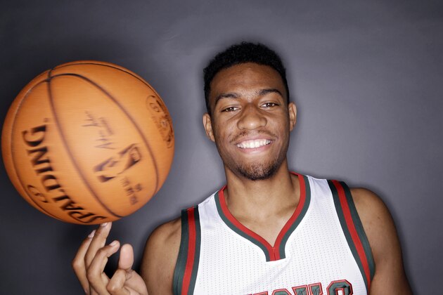 Milwaukee Bucks' Jabari Parker poses for a picture during the team's media day Monday, Sept. 29, 2014, in St. Francis, Wis. (AP Photo/Morry Gash)
