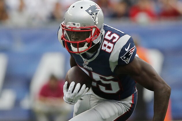 New England Patriots wide receiver Kenbrell Thompkins runs with the ball in the second half of an NFL football game against the Oakland Raiders Sunday, Sept. 21, 2014, in Foxborough, Mass. (AP Photo/Elise Amendola)