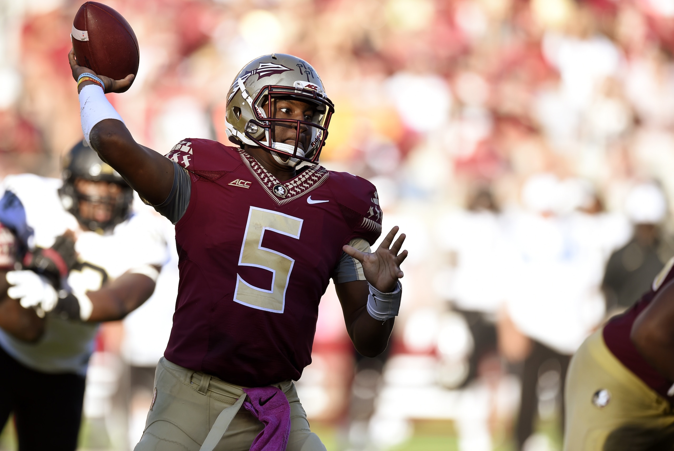 Oct 4, 2014; Tallahassee, FL, USA; Florida State Seminoles quarterback Jameis Winston (5) drops back to pass against the Wake Forest Demon Deacons during the fourth quarter at Doak Campbell Stadium. Florida State Seminoles defeated the Wake Forest Demon Deacons 43-3. Mandatory Credit: John David Mercer-USA TODAY Sports Oct 4, 2014; Tallahassee, FL, USA; Florida State Seminoles quarterback Jameis Winston (5) drops back to pass against the Wake Forest Demon Deacons during the fourth quarter at Doak Campbell Stadium. Florida State Seminoles defeated the Wake Forest Demon Deacons 43-3. Mandatory Credit: John David Mercer-USA TODAY Sports