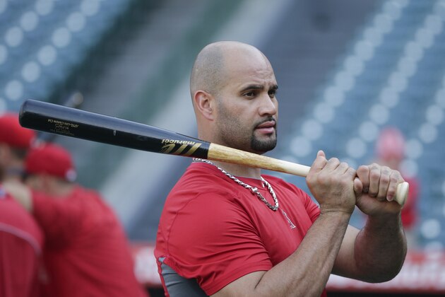 Los Angeles Angels' Albert Pujols gets ready for batting practice before a baseball game against the Houston Astros Friday, Sept. 12, 2014, in Anaheim, Calif. (AP Photo/Jae C. Hong)