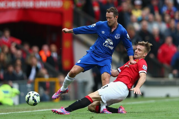 MANCHESTER, ENGLAND - OCTOBER 05:  Aiden McGeady of Everton is challenged by Luke Shaw of Manchester United during the Barclays Premier League match between Manchester United and Everton at Old Trafford on October 5, 2014 in Manchester, England.  (Photo by Clive Brunskill/Getty Images)