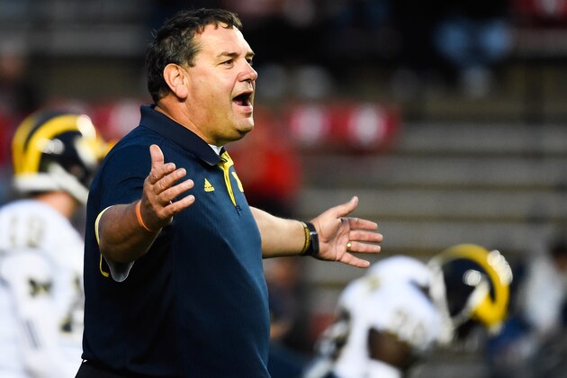 PISCATAWAY, NJ - OCTOBER 04:  Head coach Brady Hoke of the Michigan Wolverines looks on before a game against the Rutgers Scarlet Knights at High Point Solutions Stadium on October 4, 2014 in Piscataway, New Jersey.  (Photo by Alex Goodlett/Getty Images)