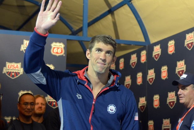 Aug 10, 2014; Irvine, CA, USA; Michael Phelps at the 2014 USA National Championships at William Woollett Jr. Aquatics Complex. Mandatory Credit: Kirby Lee-USA TODAY Sports