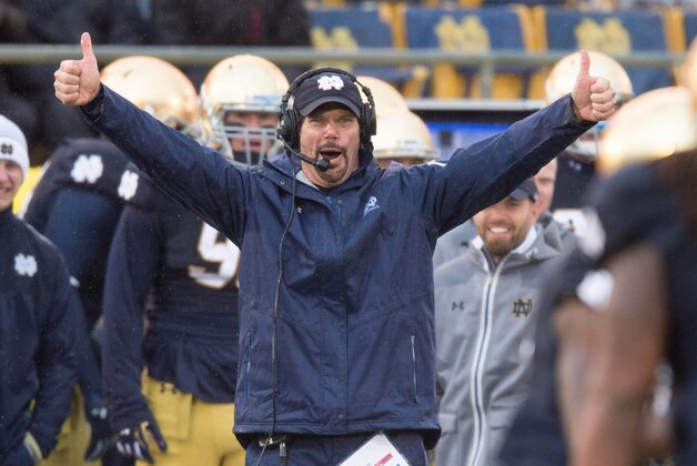 Oct 4, 2014; South Bend, IN, USA; Notre Dame Fighting Irish defensive coordinator Brian VanGorder reacts in the third quarter against the Stanford Cardinal at Notre Dame Stadium. Notre Dame won 17-14. Mandatory Credit: Matt Cashore-USA TODAY Sports