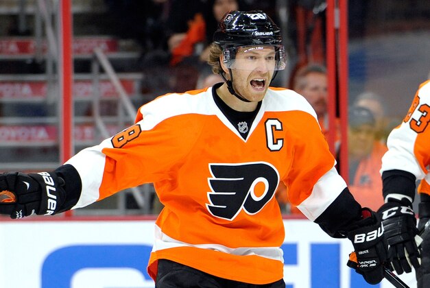 Sep 30, 2014; Philadelphia, PA, USA; Philadelphia Flyers center Claude Giroux (28) yells to a teammate during the third period at Wells Fargo Center. The Flyers defeated the Rangers, 4-2. Mandatory Credit: Eric Hartline-USA TODAY Sports
