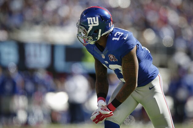 New York Giants wide receiver Odell Beckham lines up against the Atlanta Falcons during the first half of an NFL football game, Sunday, Oct. 5, 2014, in East Rutherford, N.J. (AP Photo/Kathy Willens)