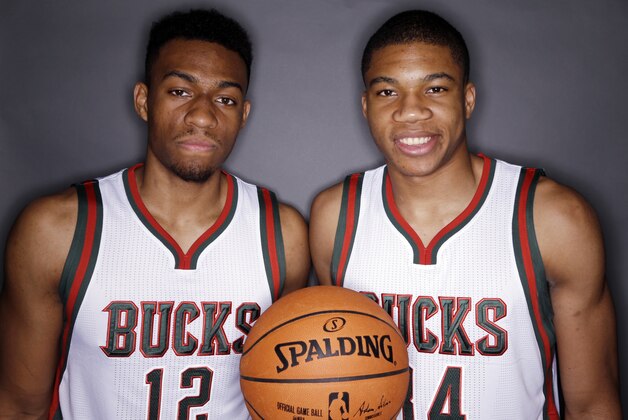 Milwaukee Bucks' Jabari Parker, left, and Giannis Antetokounmpo pose for a picture during the team's media day Monday, Sept. 29, 2014, in St. Francis, Wis. (AP Photo/Morry Gash)