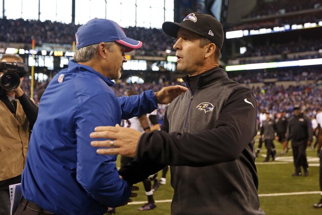 Indianapolis Colts head coach Chuck Pagano, left, greets Baltimore Ravens head coach John Harbaugh following an NFL football game in Indianapolis, Sunday, Oct. 5, 2014. The Colts defeated the Ravens 20-13. (AP Photo/Jeff Roberson)