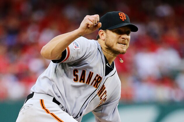 WASHINGTON, DC - OCTOBER 03:  Jake Peavy #22 of the San Francisco Giants pitches in the fifth inning against the Washington Nationals during Game One of the National League Division Series at Nationals Park on October 3, 2014 in Washington, DC.  (Photo by Al Bello/Getty Images)