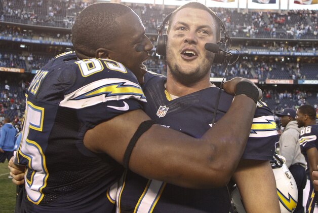 San Diego Chargers tight end Antonio Gates hugs quarterback Philip Rivers after the Chargers made the playoffs with a 27-24 overtime victory over the Kansas City Chiefs in an NFL football game Sunday, Dec. 29, 2013, in San Diego. (AP Photo/Lenny Ignelzi ) San Diego Chargers tight end Antonio Gates hugs quarterback Philip Rivers after the Chargers made the playoffs with a 27-24 overtime victory over the Kansas City Chiefs in an NFL football game Sunday, Dec. 29, 2013, in San Diego. (AP Photo/Lenny Ignelzi )