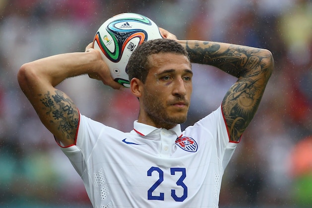 RECIFE, BRAZIL - JUNE 26:  Fabian Johnson of the United States prepares for a throw in during the 2014 FIFA World Cup Brazil group G match between the United States and Germany at Arena Pernambuco on June 26, 2014 in Recife, Brazil.  (Photo by Robert Cianflone/Getty Images)