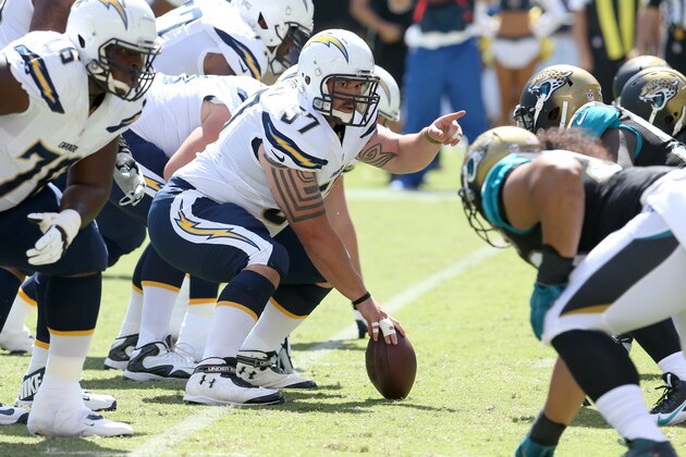 SAN DIEGO, CA - SEPTEMBER 28: Center Doug Legursky #57 of the San Diego Chargers points to the defense before the snap against the Jacksonville Jaguars at Qualcomm Stadium on September 28, 2014 in San Diego, California.  The Chargers won 33-14.  (Photo by Stephen Dunn/Getty Images)
