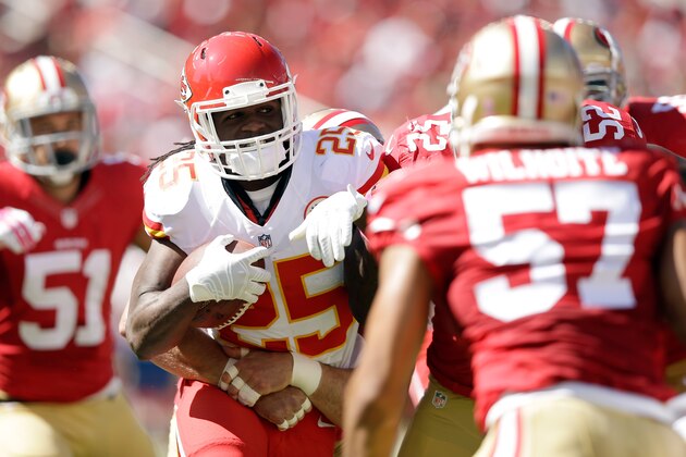 SANTA CLARA, CA - OCTOBER 05: Jamaal Charles #25 of the Kansas City Chiefs runs with the ball against the San Francisco 49ers at Levi's Stadium on October 5, 2014 in Santa Clara, California.  (Photo by Ezra Shaw/Getty Images)