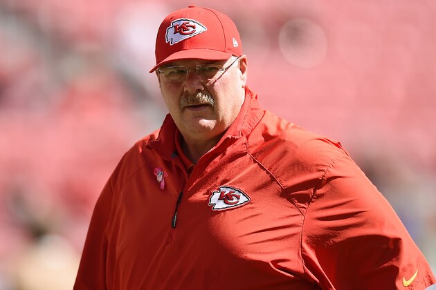 SANTA CLARA, CA - OCTOBER 05:  Head Coach Andy Reid of the Kansas City Chiefs looks on while his team warms up prior to playing the San Francisco 49ers at Levi's Stadium on October 5, 2014 in Santa Clara, California.  (Photo by Thearon W. Henderson/Getty Images)