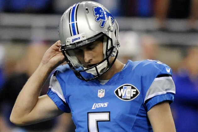 Detroit Lions kicker Alex Henery reacts after missing a 50-yard field goal in the fourth quarter of an NFL football game against the Buffalo Bills, Sunday, Oct. 5, 2014, in Detroit. The Bills defeated the Lions 17-14. (AP Photo/Jose Juarez)