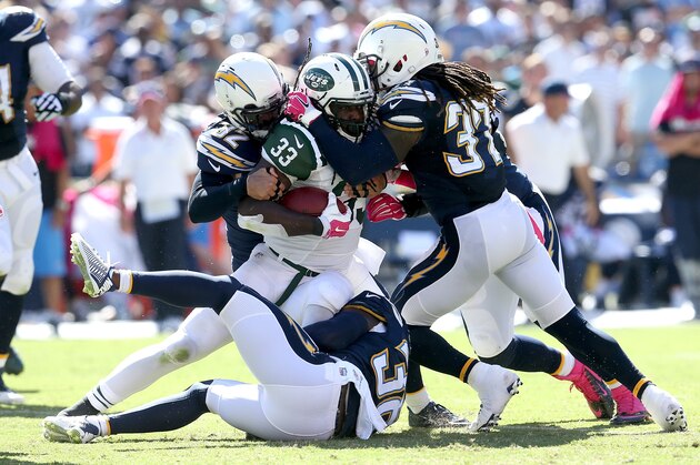 SAN DIEGO, CA - OCTOBER 05:  Running back Chris Ivory #33 of the New York Jets is stopped by safeties Eric Weddle #32 Jahleel Addae #37 if the San Diego Chargers at Qualcomm Stadium on October 5, 2014 in San Diego, California.  (Photo by Stephen Dunn/Getty Images)