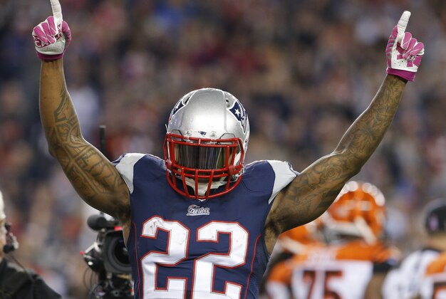 Oct 5, 2014; Foxborough, MA, USA; New England Patriots running back Stevan Ridley (22) reacts after scoring against the Cincinnati Bengals during the first quarter at Gillette Stadium. Mandatory Credit: David Butler II-USA TODAY Sports