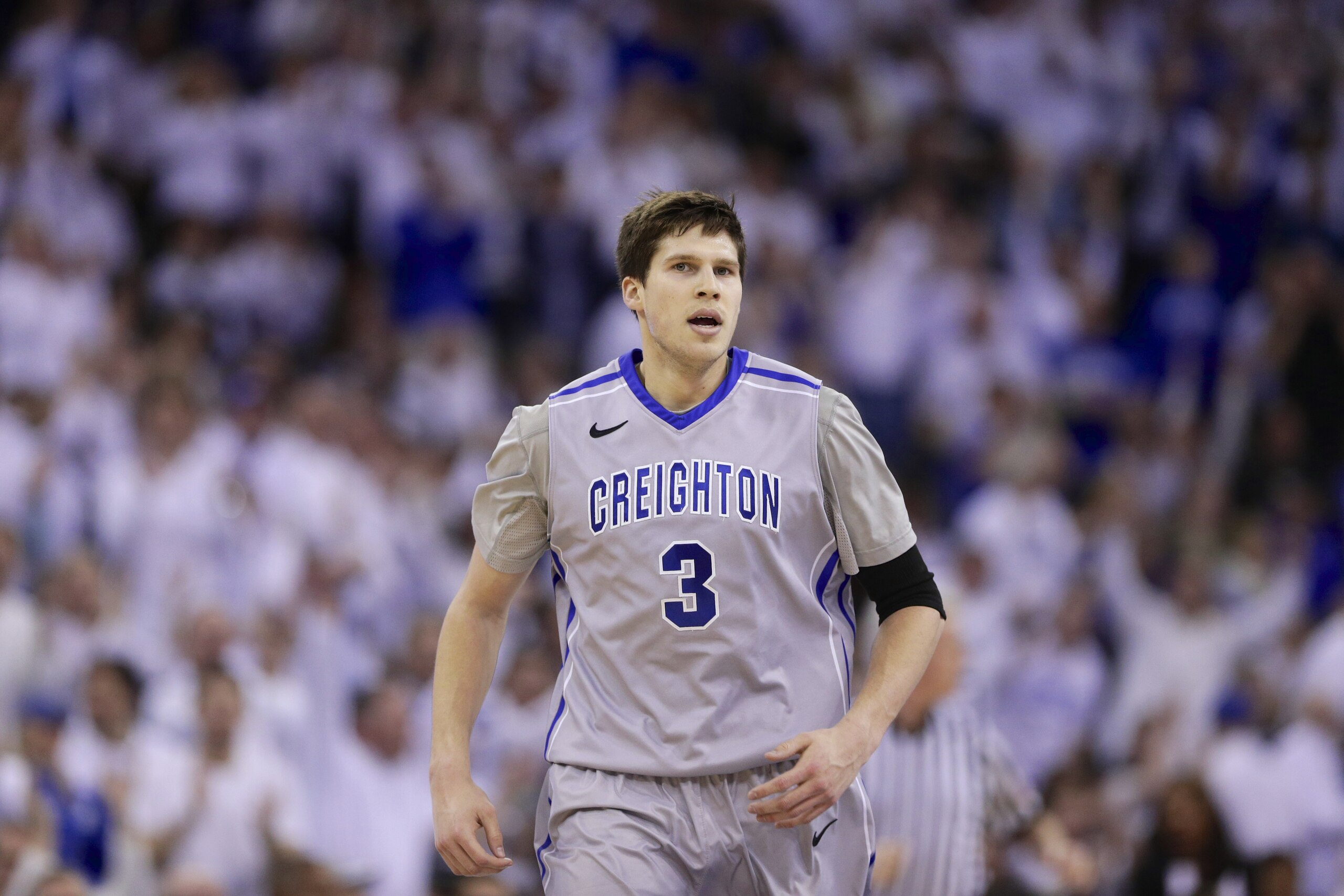 Creighton's Doug McDermott (3) after scoring in an NCAA college basketball game against Providence in Omaha, Neb., Saturday, March 8, 2014. Doug McDermott scored a career-high 45 points and became the eighth player in Division I history to go over 3,000 for a career, as Creighton rolled to an 88-73 victory over Providence. (AP Photo/Nati Harnik)