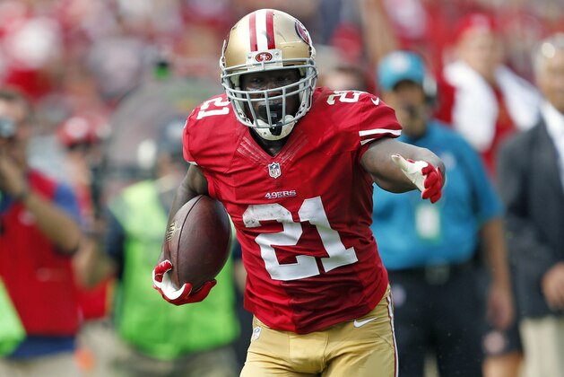 Sep 28, 2014; Santa Clara, CA, USA; San Francisco 49ers running back Frank Gore (21) breaks for 55 yard touchdown on a pass from 49ers quarterback Colin Kaepernick (7), not in picture, against the Philadelphia Eagles during the second quarter at Levi's Stadium. Mandatory Credit: Bob Stanton-USA TODAY Sports Sep 28, 2014; Santa Clara, CA, USA; San Francisco 49ers running back Frank Gore (21) breaks for 55 yard touchdown on a pass from 49ers quarterback Colin Kaepernick (7), not in picture, against the Philadelphia Eagles during the second quarter at Levi's Stadium. Mandatory Credit: Bob Stanton-USA TODAY Sports