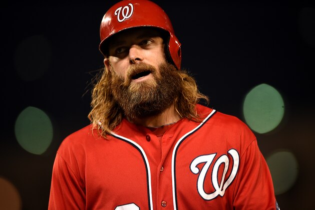 WASHINGTON, DC - AUGUST 04: Jayson Werth #28 of the Washington Nationals reacts after flying out in the fifth inning against the Baltimore Orioles at Nationals Park on August 4, 2014 in Washington, DC. (Photo by Patrick Smith/Getty Images)