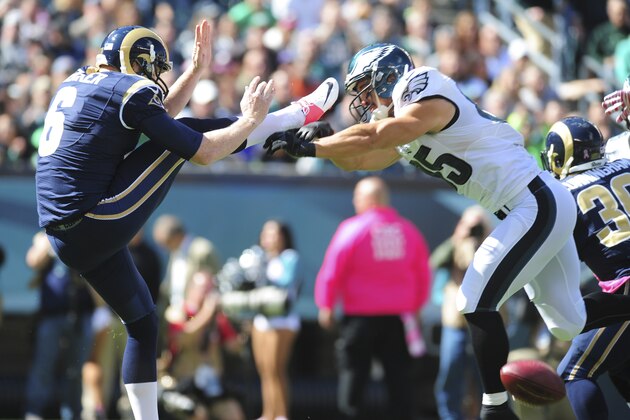 PHILADELPHIA, PA - OCTOBER 5: Tight end James Casey #85 of the Philadelphia Eagles blocks the punt by Johnny Hekker #6 of the St. Louis Rams in the first quarter on October 5, 2014 at Lincoln Financial Field in Philadelphia, Pennsylvania. (Photo by Evan Habeeb/Getty Images)
