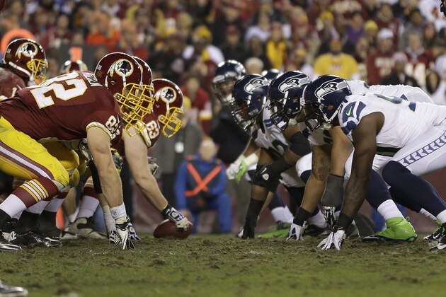 The Washington Redskins and Seattle Seahawks during the second half of an NFL wild card playoff football game in Landover, Md., Sunday, Jan. 6, 2013. (AP Photo/Matt Slocum)
