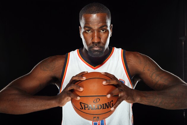 OKLAHOMA CITY, OK - SEPTEMBER 29: Oklahoma City Thunder Kendrick Perkins #5 poses for a portrait during 2014 NBA Media Day on September 29, 2014 at the Thunder Events Center in Edmond, Oklahoma. NOTE TO USER: User expressly acknowledges and agrees that, by downloading and or using this Photograph, user is consenting to the terms and conditions of the Getty Images License Agreement. Mandatory Copyright Notice: Copyright 2014 NBAE (Photo by Layne Murdoch/NBAE via Getty Images) OKLAHOMA CITY, OK - SEPTEMBER 29: Oklahoma City Thunder Kendrick Perkins #5 poses for a portrait during 2014 NBA Media Day on September 29, 2014 at the Thunder Events Center in Edmond, Oklahoma. NOTE TO USER: User expressly acknowledges and agrees that, by downloading and or using this Photograph, user is consenting to the terms and conditions of the Getty Images License Agreement. Mandatory Copyright Notice: Copyright 2014 NBAE (Photo by Layne Murdoch/NBAE via Getty Images)