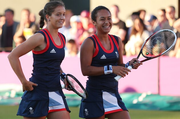 LONDON, ENGLAND - JULY 28:  Heather Watson and Laura Robson of Great Britain play against Sabine Lisicki and Angelique Kerber of Germany on Day 1 of the London 2012 Olympic Games at the All England Lawn Tennis and Croquet Club in Wimbledon on July 28, 2012 in London, England.  (Photo by Clive Brunskill/Getty Images)