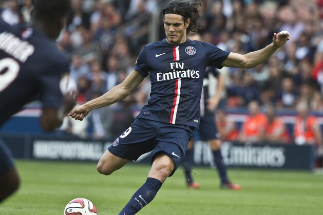 Paris Saint Germain's Uruguayan Edinson Cavani, controls the ball, during a French League One soccer Match, Paris Saint Germain against Bastia, at Parc des Princes stadium, in Paris, Saturday, Aug. 16. 2014. Paris Saint Germain won 2-0. (AP Photo/Michel Euler)
