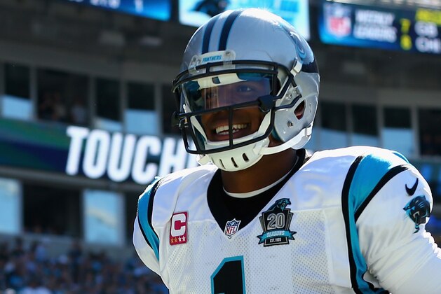 CHARLOTTE, NC - OCTOBER 05:  Cam Newton #1 of the Carolina Panthers celebrates after a third quarter Panther touchdown against the Chicago Bears at Bank of America Stadium on October 5, 2014 in Charlotte, North Carolina.  (Photo by Streeter Lecka/Getty Images)