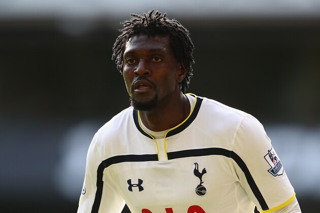 LONDON, ENGLAND - OCTOBER 05:  Emmanuel Adebayor of Tottenham Hotspur in action during the Barclays Premier League match between Tottenham Hotspur and Southampton at White Hart Lane on October 5, 2014 in London, England.  (Photo by Ian Walton/Getty Images)