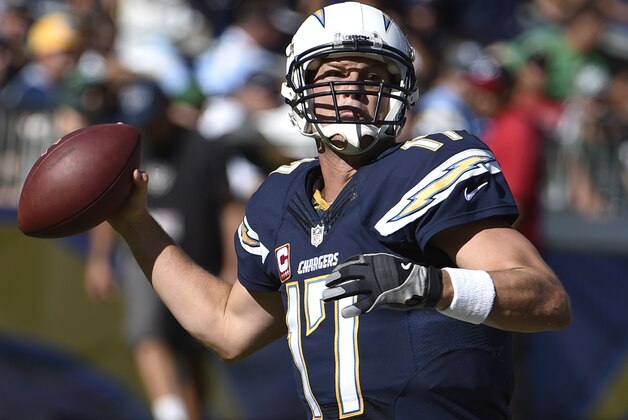 San Diego Chargers quarterback Philip Rivers throws against the New York Jets during the second half of an NFL football game, Sunday, Oct. 5, 2014, in San Diego. (AP Photo/Denis Poroy)