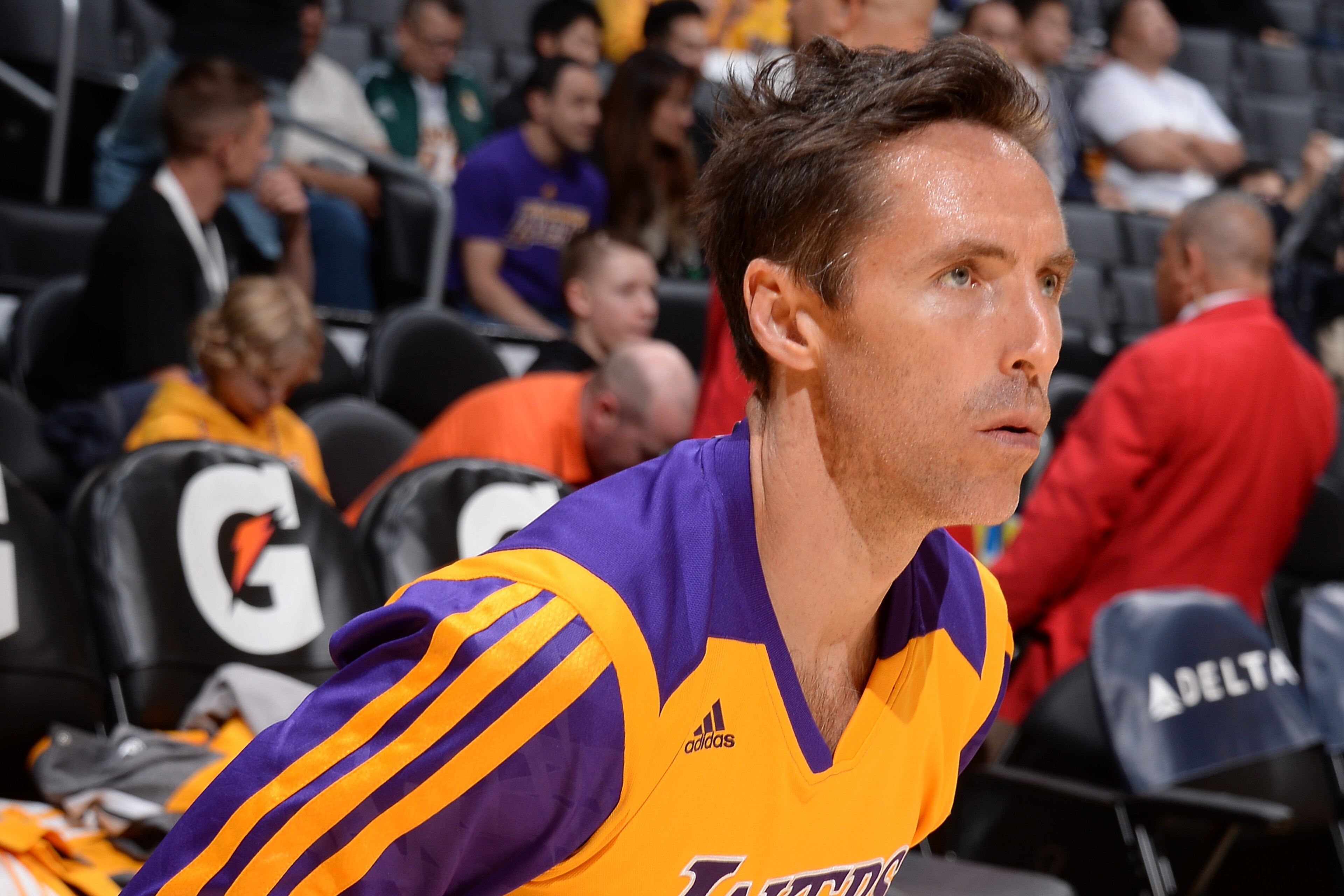 LOS ANGELES, CA - MARCH 21: Steve Nash #10 of the Los Angeles Lakers before a game against the Washington Wizards at Staples Center on March 21, 2014 in Los Angeles, California. NOTE TO USER: User expressly acknowledges and agrees that, by downloading and/or using this Photograph, user is consenting to the terms and conditions of the Getty Images License Agreement. Mandatory Copyright Notice: Copyright 2014 NBAE (Photo by Andrew D. Bernstein/NBAE via Getty Images)