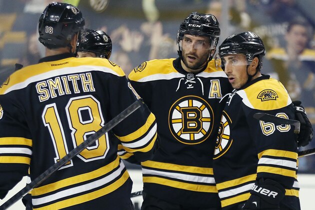 Boston Bruins center Patrice Bergeron (37) celebrates his goal with teammates left wing Brad Marchand (63) and right wing Reilly Smith (18) during the second period of a preseason NHL hockey game against the Detroit Red Wings in Boston, Saturday, Oct. 4, 2014. (AP Photo/Michael Dwyer)