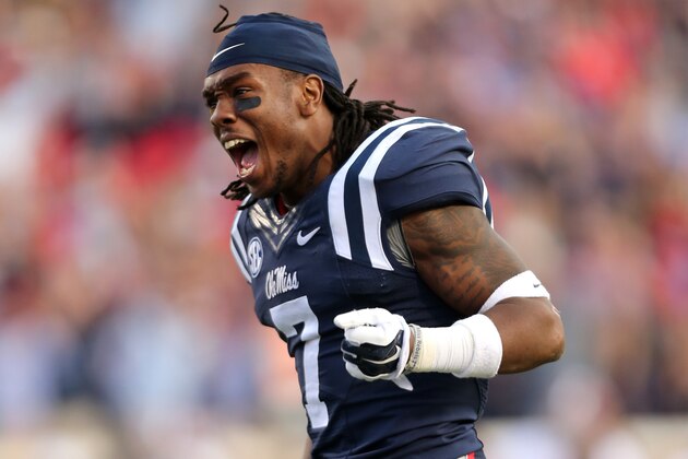 OXFORD, MS - OCTOBER 4: Trae Elston #7 of the Ole Miss Rebels celebrates against the Alabama Crimson Tide on OCTOBER 4, 2014 at Vaught-Hemingway Stadium in Oxford, Mississippi. Mississippi beat Alabama 23-17. (Photo by Joe Murphy/Getty Images)