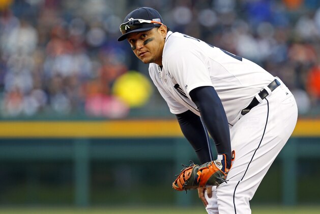 Detroit Tigers first baseman Miguel Cabrera stands on the field during the eighth inning in Game 3 of baseball's AL Division Series against the Baltimore Orioles Sunday, Oct. 5, 2014, in Detroit. (AP Photo/Paul Sancya)