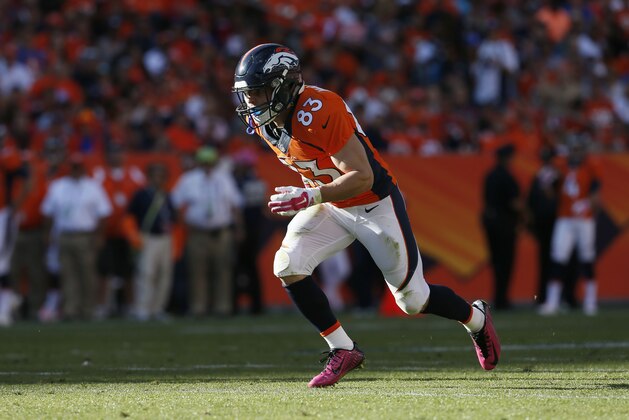 Denver Broncos wide receiver Wes Welker runs against the Denver Broncos during the second half of an NFL football game, Sunday, Oct. 5, 2014, in Denver. (AP Photo/Joe Mahoney)