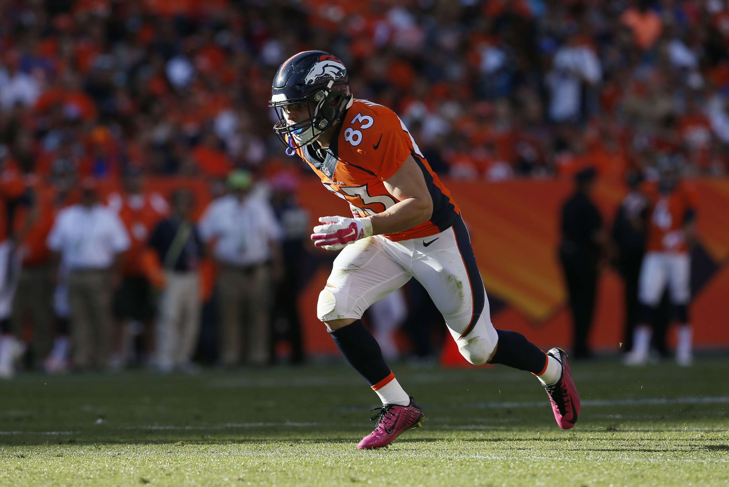 Denver Broncos wide receiver Wes Welker runs against the Denver Broncos during the second half of an NFL football game, Sunday, Oct. 5, 2014, in Denver. (AP Photo/Joe Mahoney)