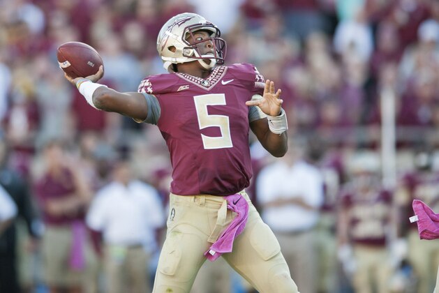 TALLAHASSEE, FL - OCTOBER 4: Quarterback Jameis Winston #5 of the Florida State Seminoles makes a pass during the second half at Doak Campbell Stadium on October 4, 2014 in Tallahassee, Florida. The Seminoles took the Deamon Deacons 43-3. (Photo by Jeff Gammons/Getty Images)