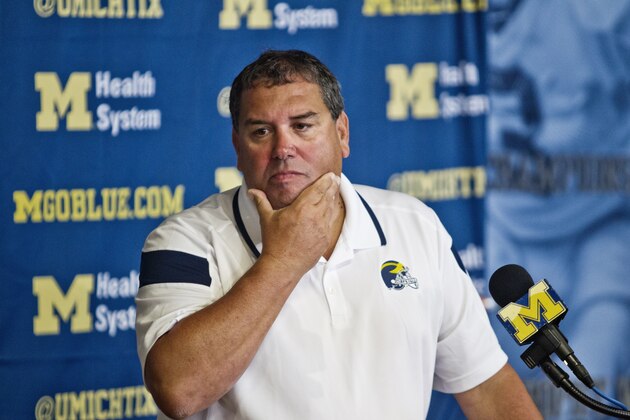 FILE - In this Aug. 10, 2014, file photo, Michigan head coach Brady Hoke reacts as he answers questions at a news conference at the NCAA college football team's preseason media day in Ann Arbor, Mich. Early Tuesday, Sept. 30, 2014, roughly 12 hours after embattled Michigan coach Hoke said he'd been given no indication that quarterback Shane Morris had been diagnosed with a concussion, athletic director Dave Brandon revealed in a post-midnight statement that the sophomore did appear to have sustained one.  (AP Photo/Tony Ding, File)