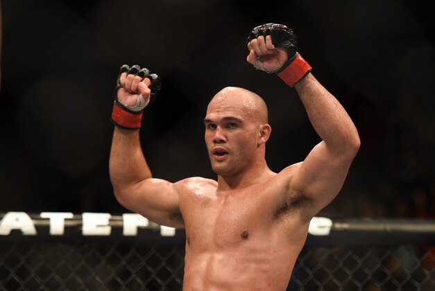 July 26, 2014; San Jose, CA, USA; Robbie Lawler (red gloves) fights Matt Brown (blue gloves) during the welterweight bout of the FOX UFC Saturday at SAP Center. Mandatory Credit: Kyle Terada-USA TODAY Sports
