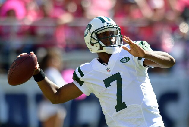 Oct 5, 2014; San Diego, CA, USA; New York Jets quarterback Geno Smith (7) passes during the second quarter against the San Diego Chargers at Qualcomm Stadium. Mandatory Credit: Jake Roth-USA TODAY Sports