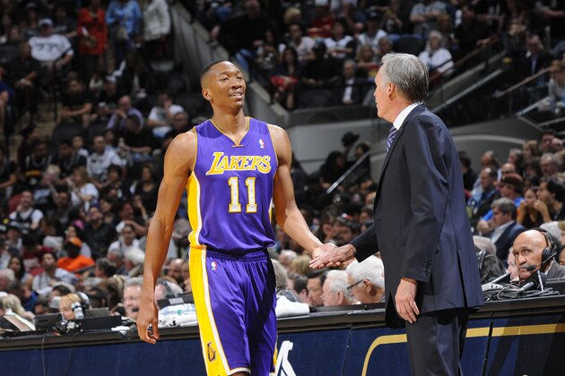 SAN ANTONIO, TX - April 16: Wesley Johnson #11 of the Los Angeles Lakers walks off the court during the game against the San Antonio Spurs at the AT&T Center on April 16, 2014 in San Antonio, Texas. NOTE TO USER: User expressly acknowledges and agrees that, by downloading and or using this photograph, user is consenting to the terms and conditions of the Getty Images License Agreement. Mandatory Copyright Notice: Copyright 2014 NBAE (Photos by D. Clarke Evans/NBAE via Getty Images)