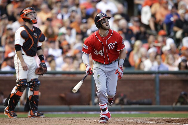 SAN FRANCISCO, CA - OCTOBER 06:  Bryce Harper #34 of the Washington Nationals watches his solo home run in the ninth inning against the San Francisco Giants during Game Three of the National League Division Series at AT&T Park on October 6, 2014 in San Francisco, California.  (Photo by Ezra Shaw/Getty Images)