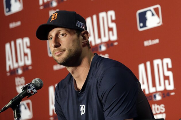 Detroit Tigers starting pitcher Max Scherzer speaks at a news conference, Wednesday, Oct. 1, 2014, in Baltimore. The Tigers start the playoffs against the Baltimore Orioles in Game 1 of the American League Division Series Thursday. (AP Photo/Patrick Semansky)
