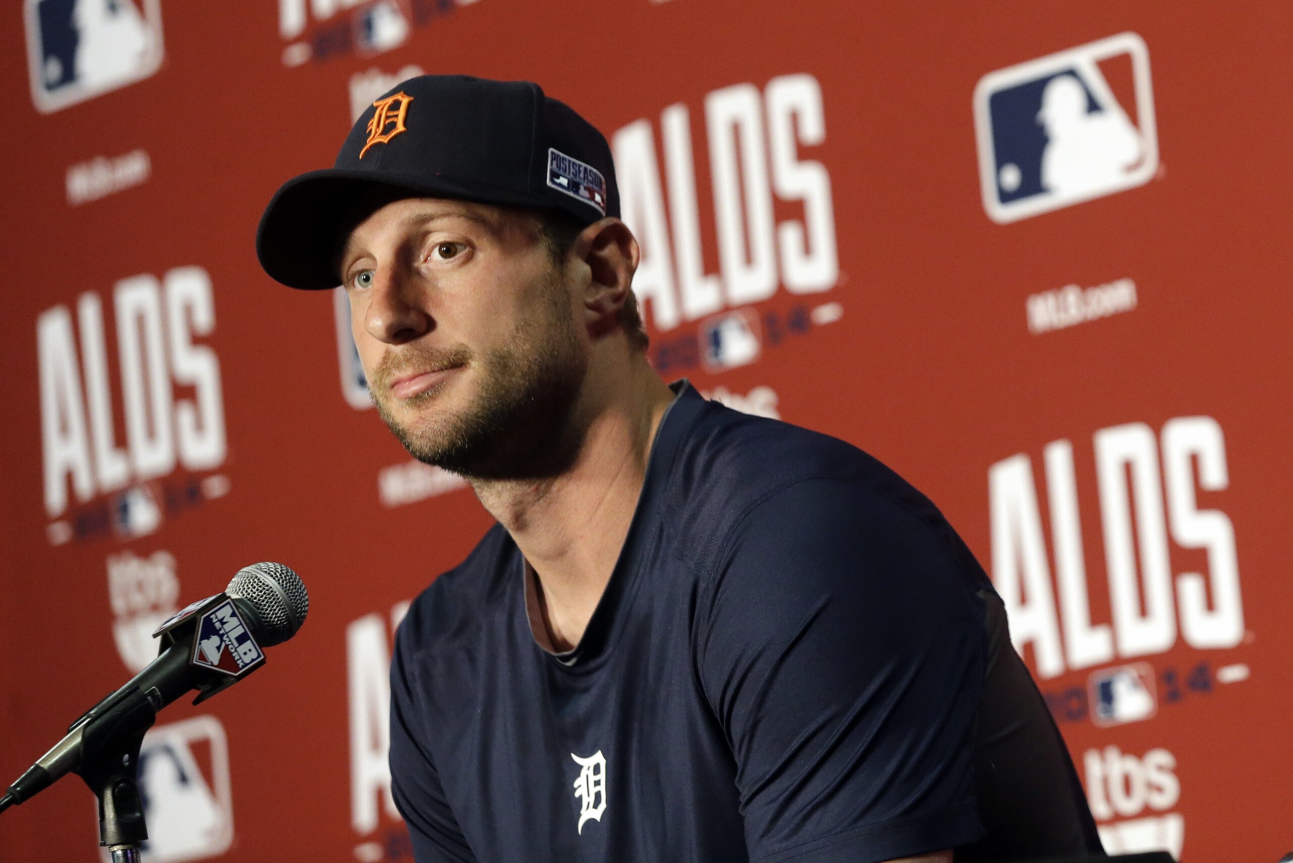 Detroit Tigers starting pitcher Max Scherzer speaks at a news conference, Wednesday, Oct. 1, 2014, in Baltimore. The Tigers start the playoffs against the Baltimore Orioles in Game 1 of the American League Division Series Thursday. (AP Photo/Patrick Semansky)