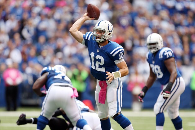 Oct 5, 2014; Indianapolis, IN, USA; Indianapolis Colts quarterback Andrew Luck (12) throws a pass against the Baltimore Ravens at Lucas Oil Stadium. Mandatory Credit: Brian Spurlock-USA TODAY Sports