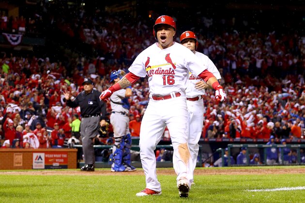 ST LOUIS, MO - OCTOBER 06:  Kolten Wong #16 of the St. Louis Cardinals reacts after he hits a two-run home run in the seventh inning against the Los Angeles Dodgers in Game Three of the National League Division Series at Busch Stadium on October 6, 2014 in St Louis, Missouri.  (Photo by Dilip Vishwanat/Getty Images)