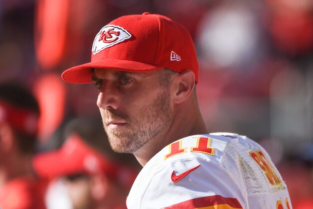 October 5, 2014; Santa Clara, CA, USA; Kansas City Chiefs quarterback Alex Smith (11) watches from the sideline against the San Francisco 49ers during the fourth quarter at Levi's Stadium. The 49ers defeated the Chiefs 22-17. Mandatory Credit: Kyle Terada-USA TODAY Sports